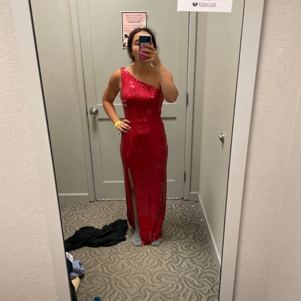 Red sequin maxi prom dress